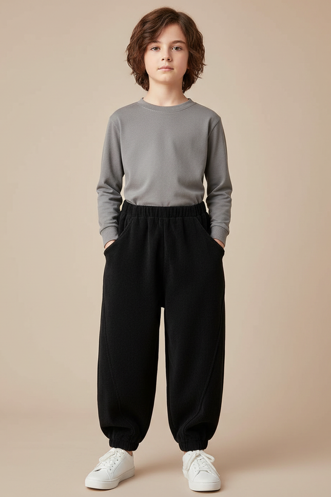 Pantalon Japonais Côtelé Noir Ample Enfant Décontracté - Cordé