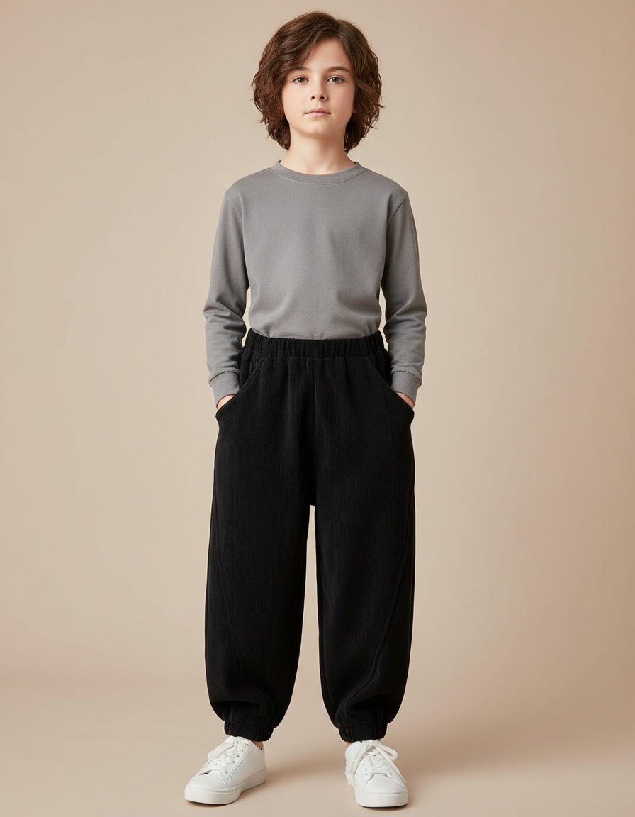 Pantalon Japonais Côtelé Noir Ample Enfant Décontracté - Cordé