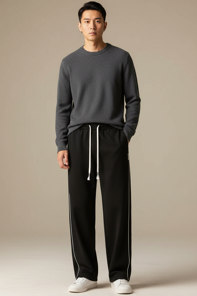 Pantalon Japonais Noir Droit Cordon Blanc Décontracté - Polyester