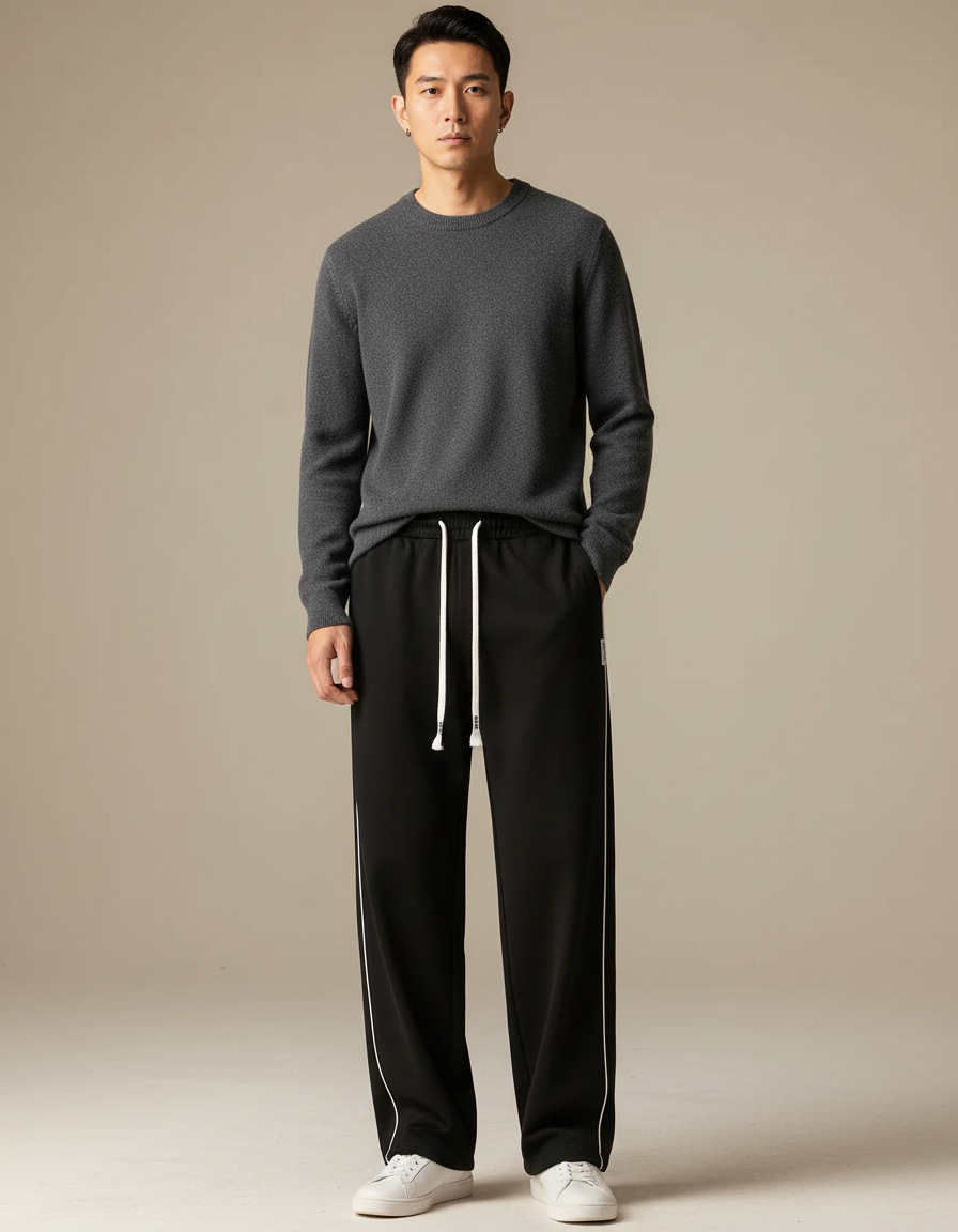 Pantalon Japonais Noir Droit Cordon Blanc Décontracté - Polyester