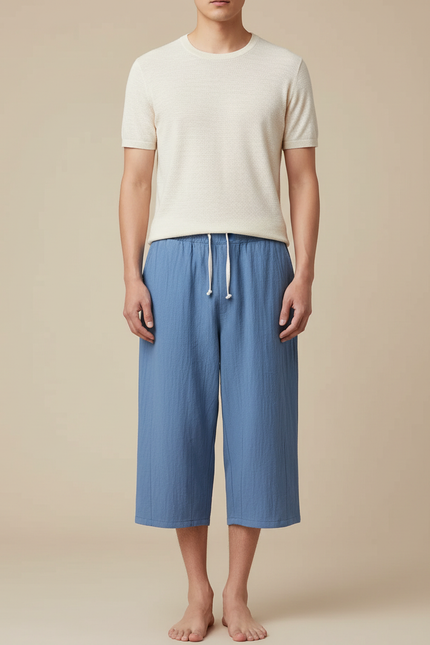 Pantalon Japonais Bleu Coton Ample Court Cordon