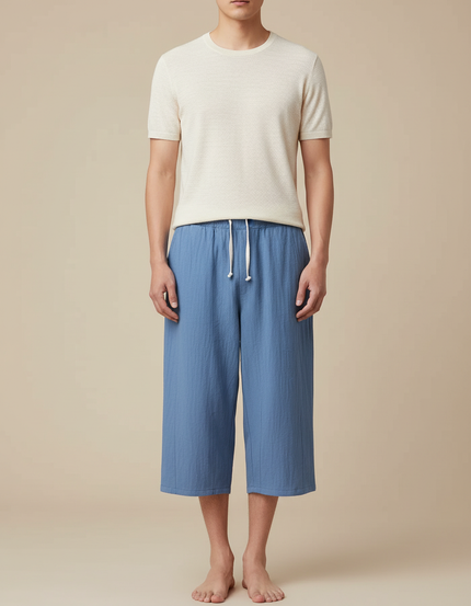 Pantalon Japonais Bleu Coton Ample Court Cordon