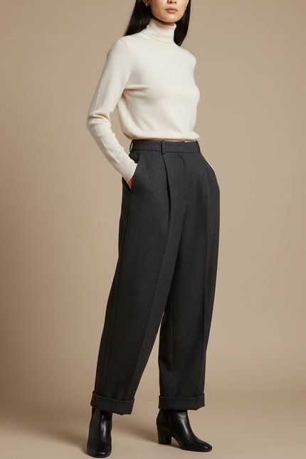 Pantalon Japonais Gris Anthracite Laine Plissé Ample