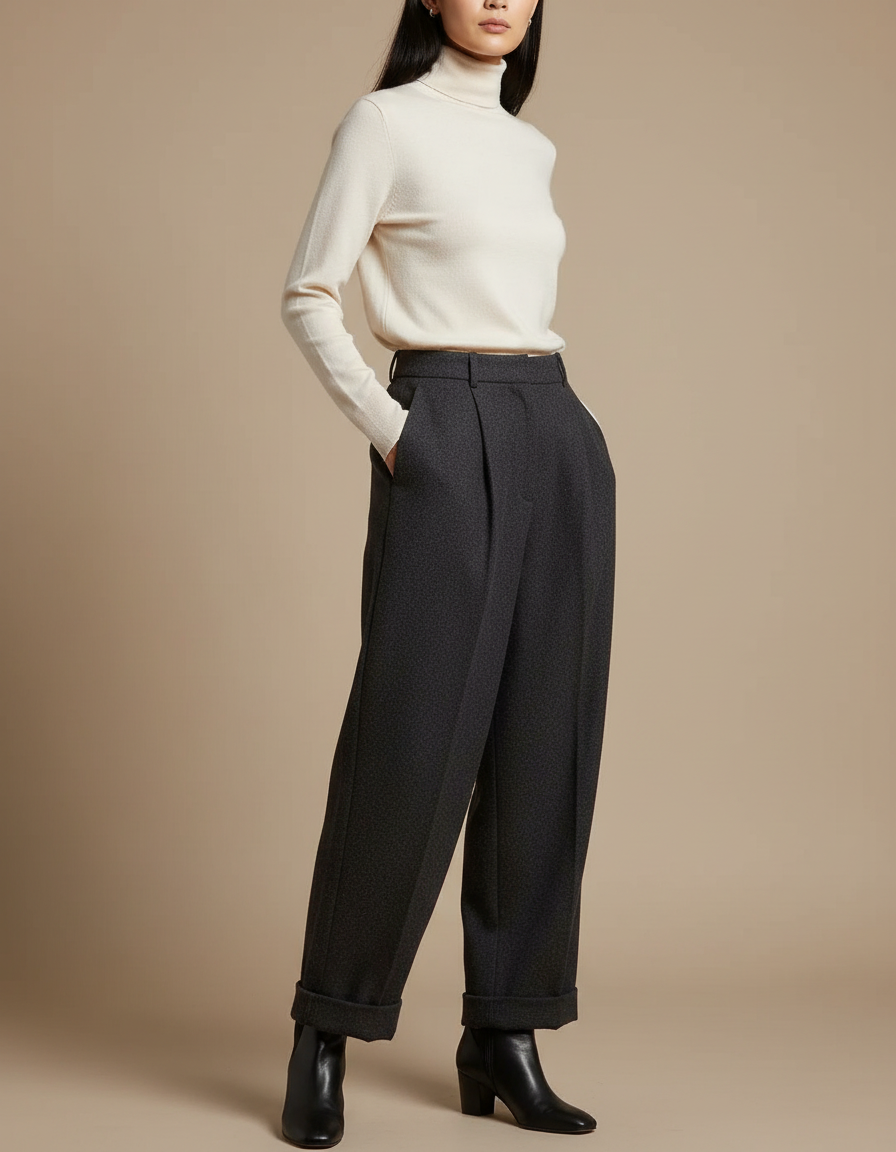 Pantalon Japonais Gris Anthracite Laine Plissé Ample