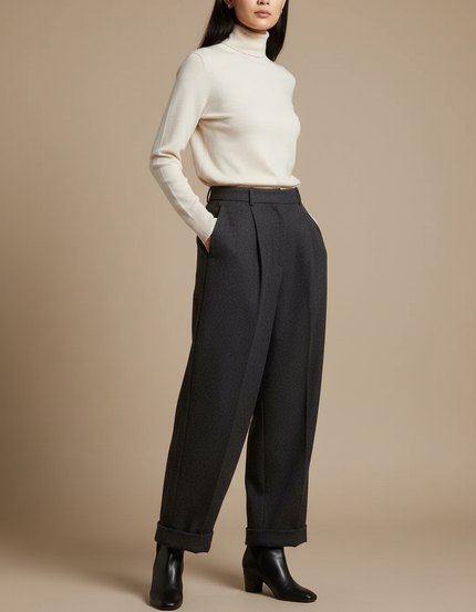 Pantalon Japonais Gris Anthracite Laine Plissé Ample