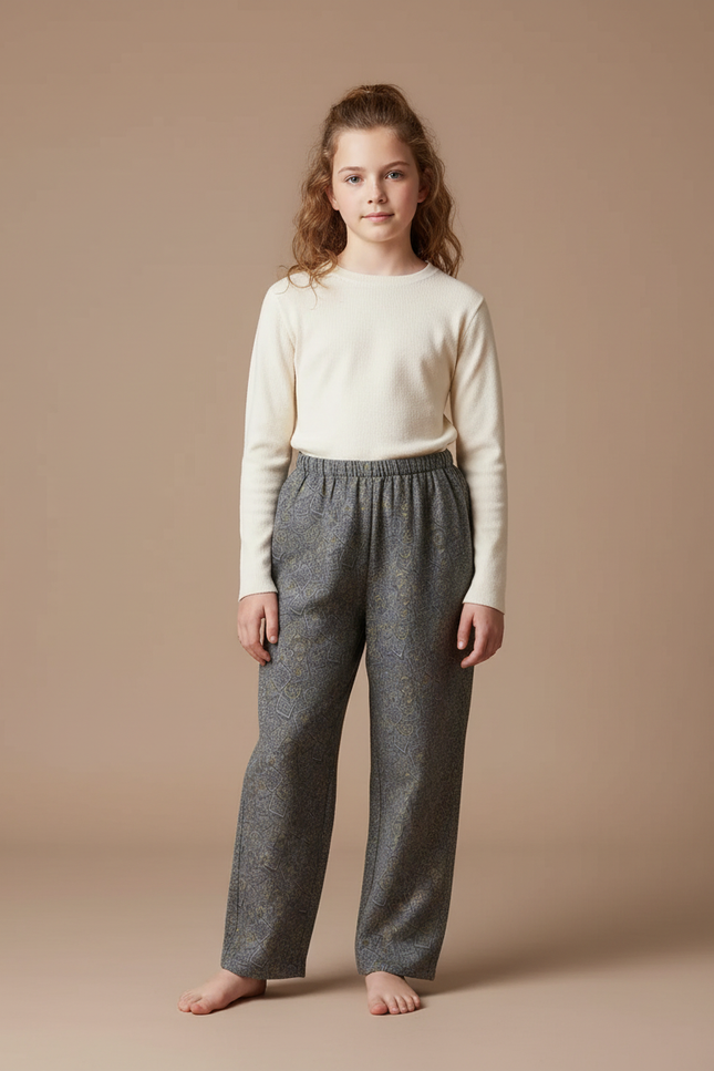 Pantalon Japonais Gris Ample Motif Paisley Confortable - Laine