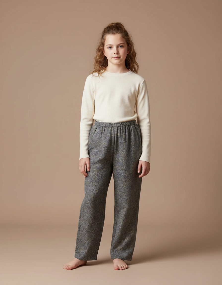 Pantalon Japonais Gris Ample Motif Paisley Confortable - Laine
