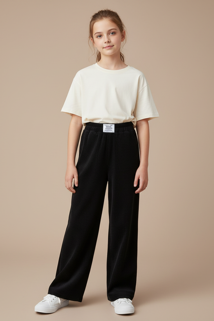 Pantalon Japonais Noir Côtelé Ample Droit Décontracté - Cordé