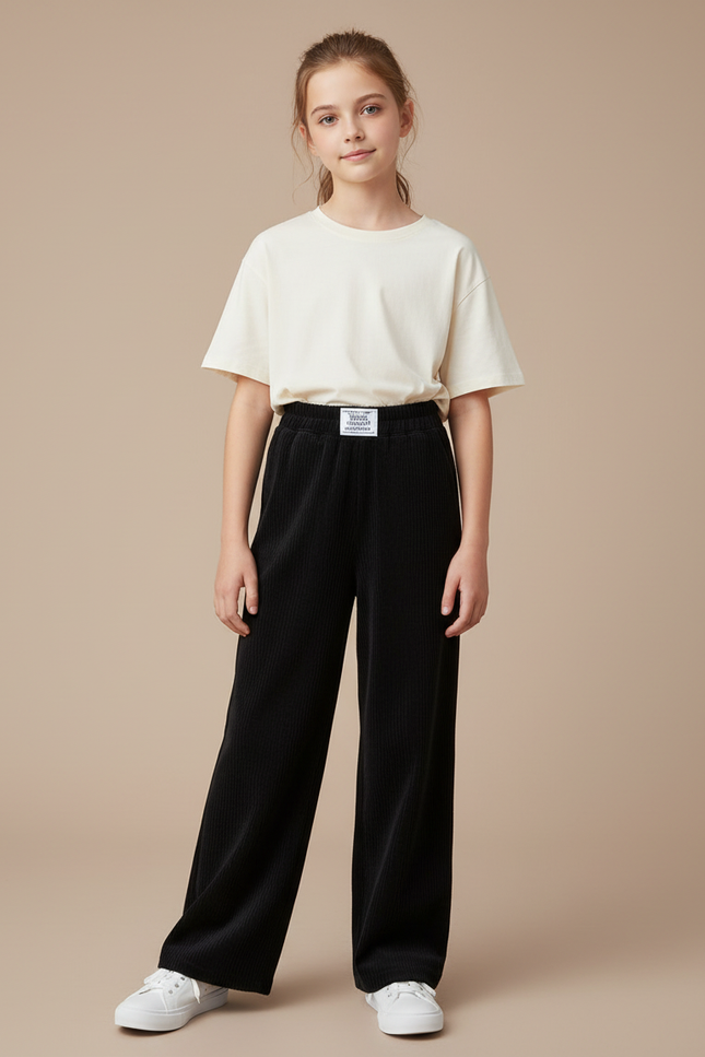 Pantalon Japonais Noir Côtelé Ample Droit Décontracté - Cordé