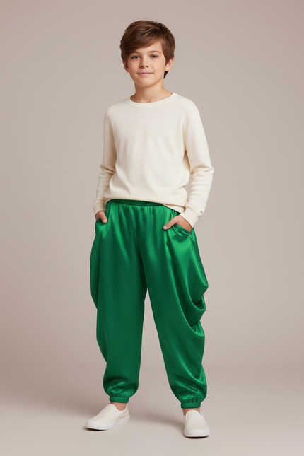 Pantalon Japonais Vert Satin Ample Enfants Fête