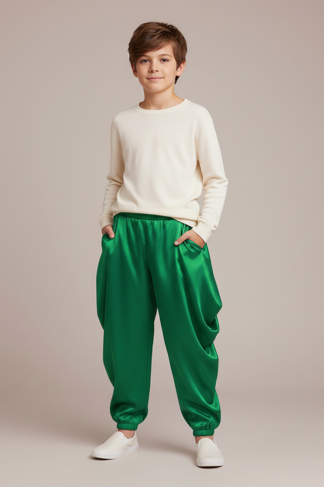Pantalon Japonais Vert Satin Ample Enfants Fête