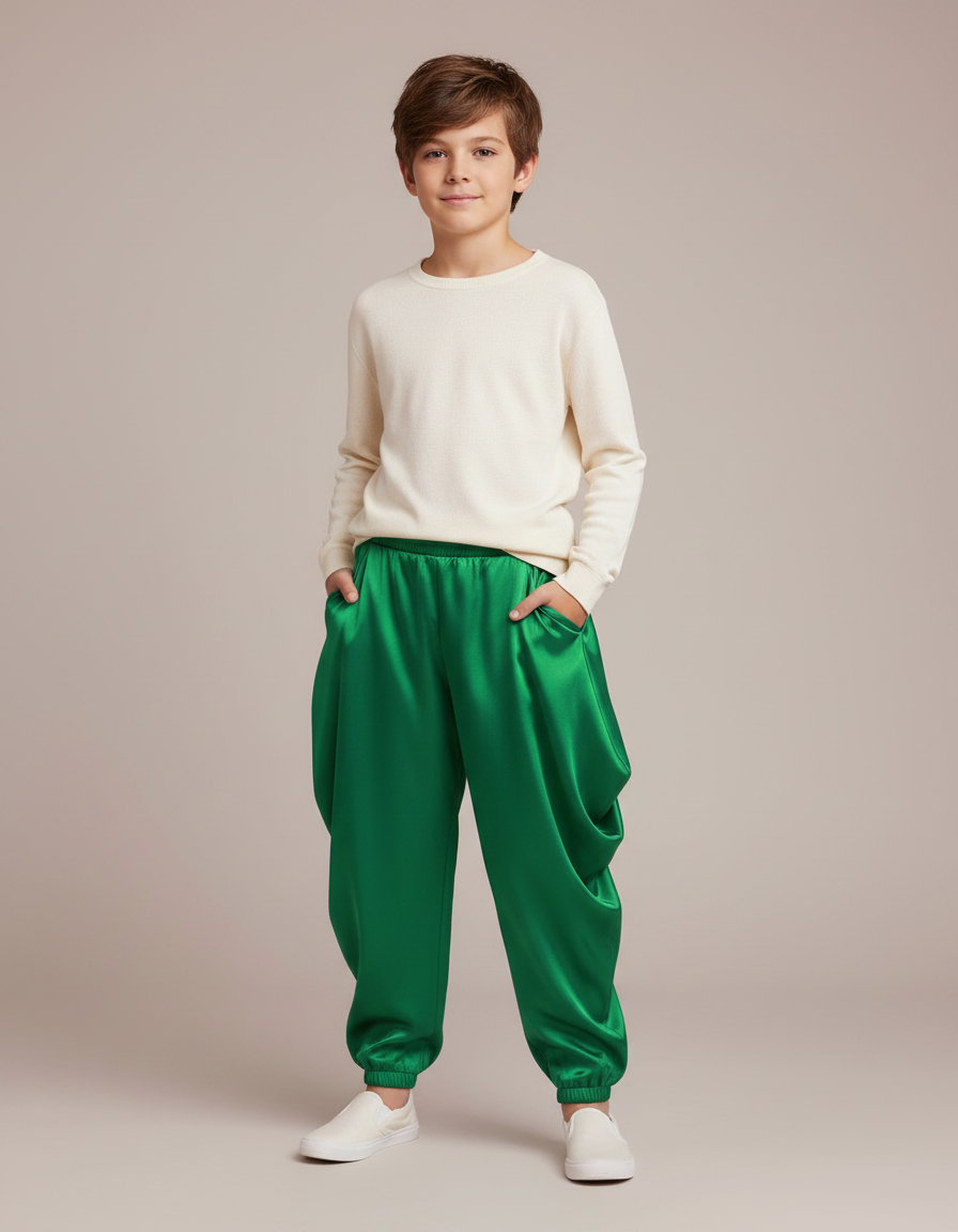 Pantalon Japonais Vert Satin Ample Enfants Fête