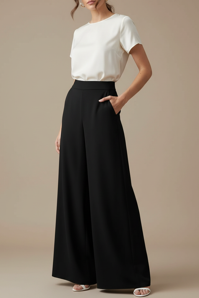 Pantalon Japonais Noir Fluide Ample Élégant Taille Haute - Polyester