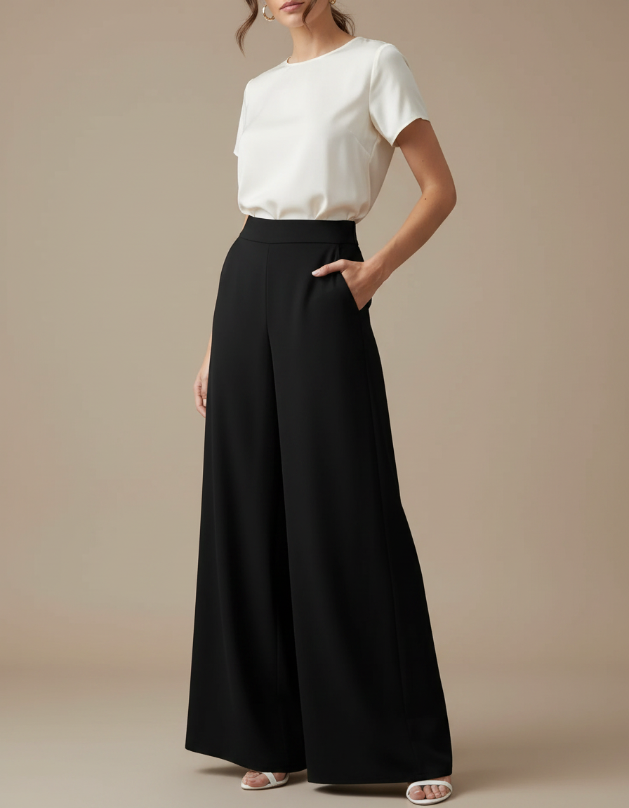 Pantalon Japonais Noir Fluide Ample Élégant Taille Haute - Polyester