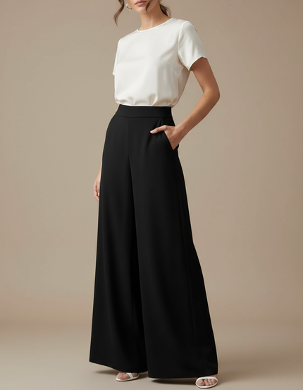 Pantalon Japonais Noir Fluide Ample Élégant Taille Haute - Polyester