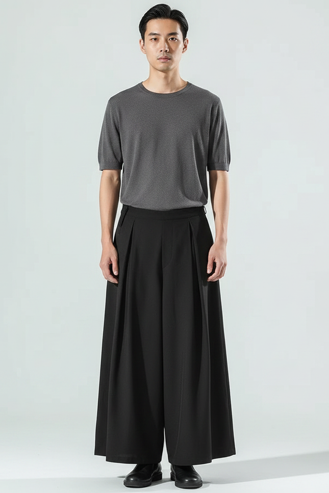 Pantalon Japonais Noir Plissé Ample Élégant Moderne - Polyester