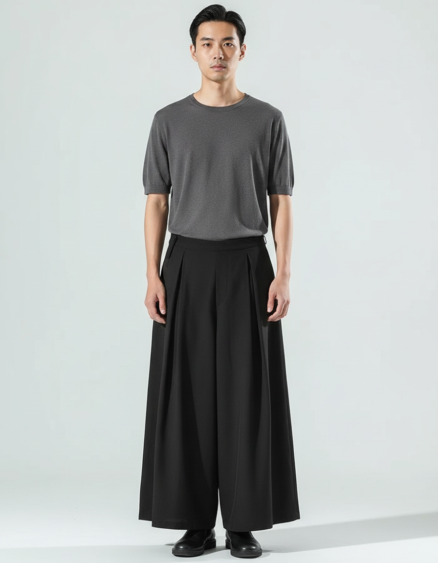 Pantalon Japonais Noir Plissé Ample Élégant Moderne - Polyester