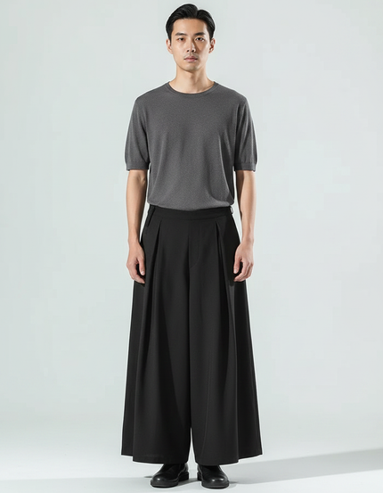 Pantalon Japonais Noir Plissé Ample Élégant Moderne - Polyester