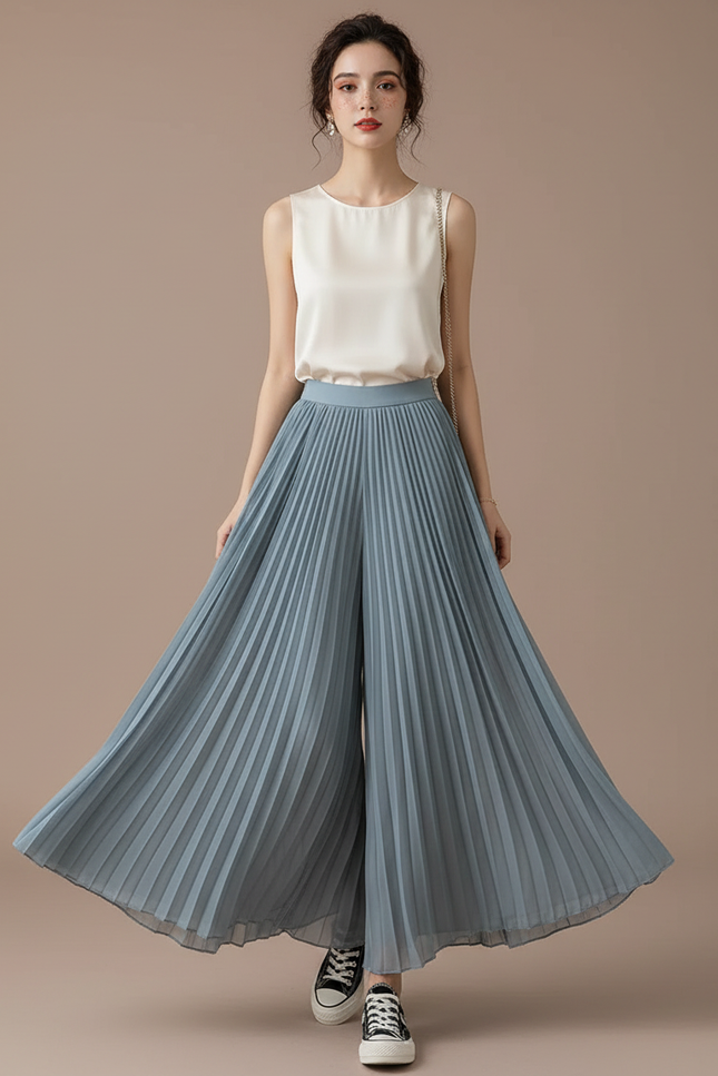 Pantalon Japonais Bleu Plissé Fluide Élégant Ample - Polyester