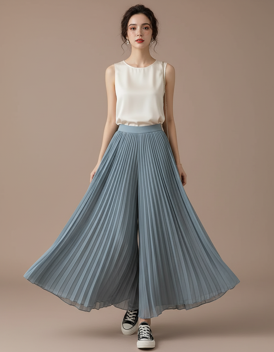 Pantalon Japonais Bleu Plissé Fluide Élégant Ample - Polyester