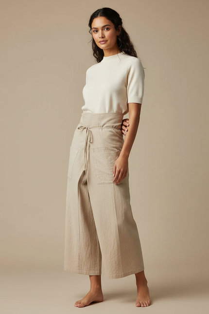 Pantalon Japonais Large Lin Beige Ample Coton