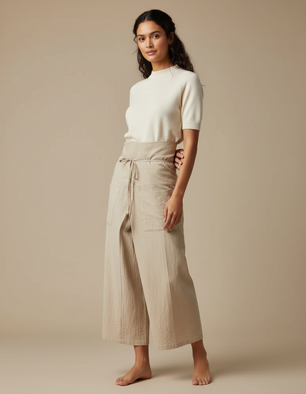 Pantalon Japonais Large Lin Beige Ample Coton
