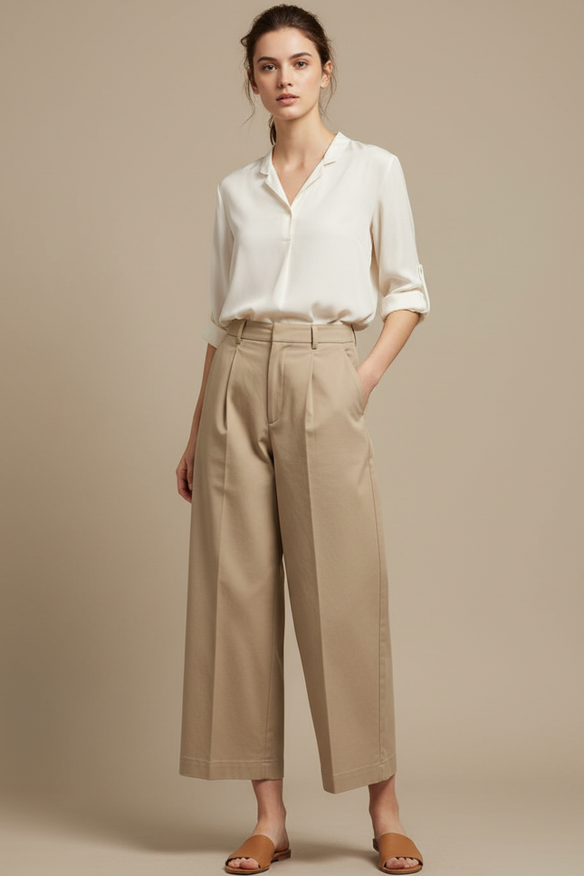 Pantalon Japonais Beige Coton Ample Décontracté Fluide - Gabardine