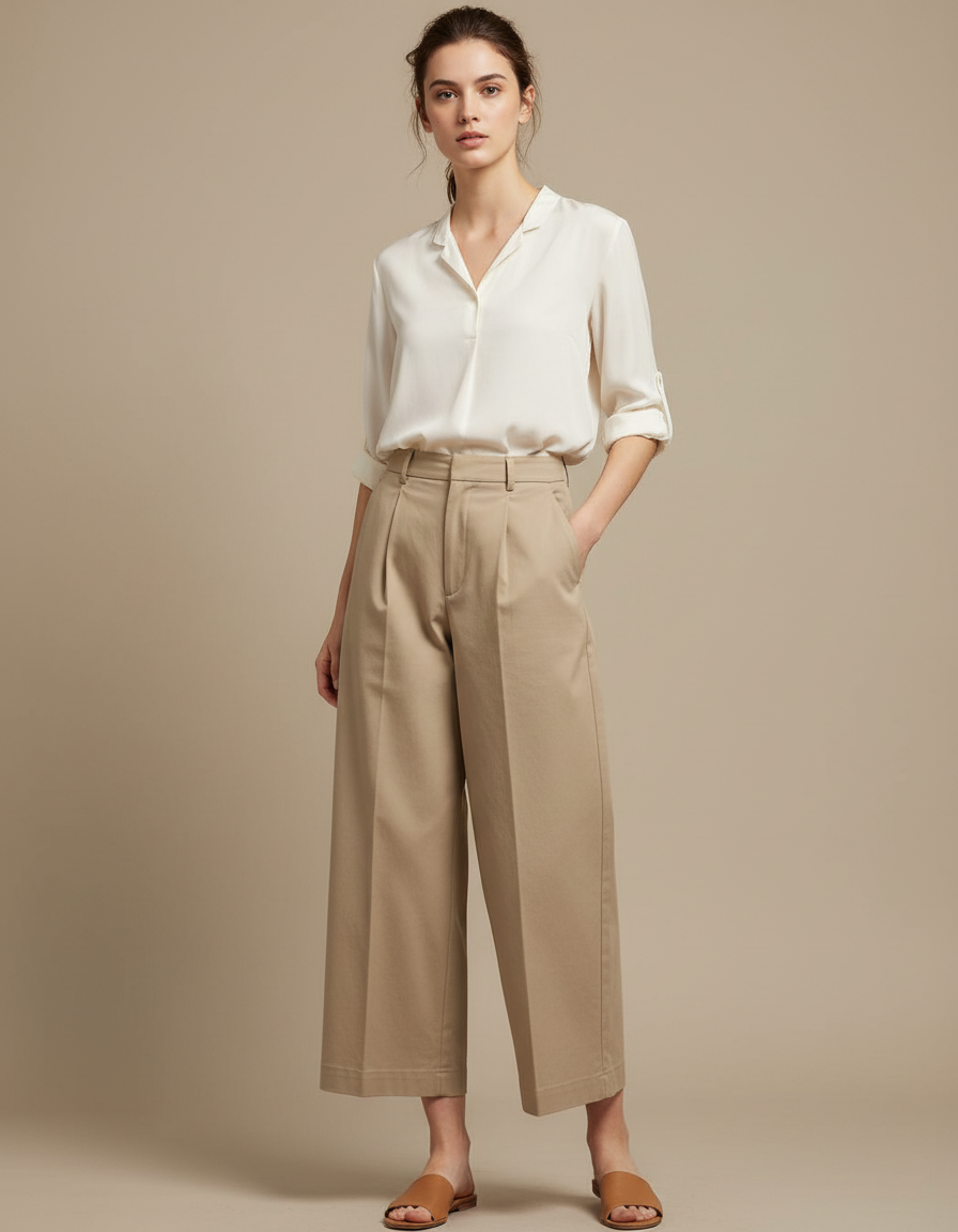 Pantalon Japonais Beige Coton Ample Décontracté Fluide - Gabardine