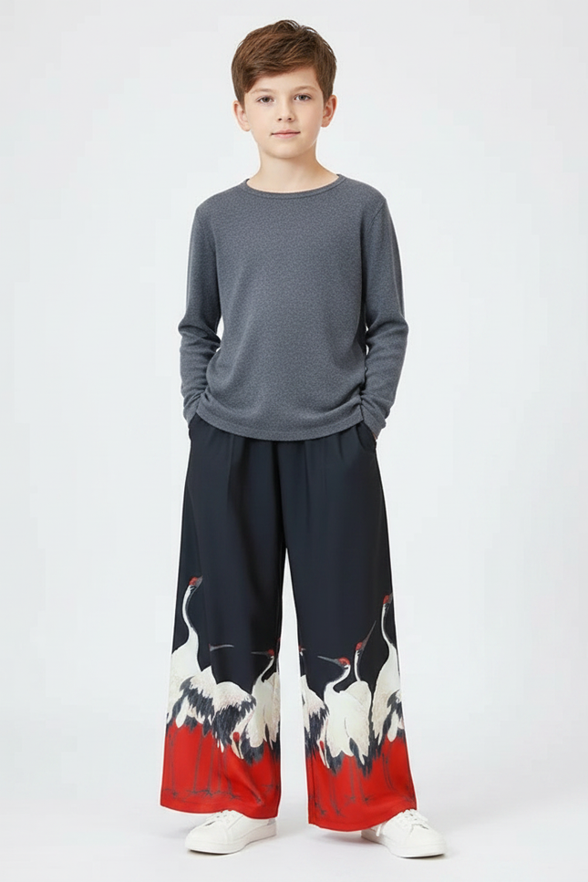 Pantalon Japonais Large Grue Rouge Noir Fluide - Multicolore Viscose