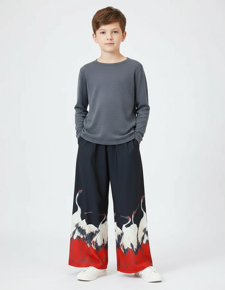 Pantalon Japonais Large Grue Rouge Noir Fluide - Multicolore Viscose