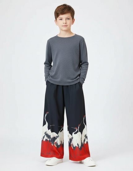 Pantalon Japonais Large Grue Rouge Noir Fluide - Multicolore Viscose
