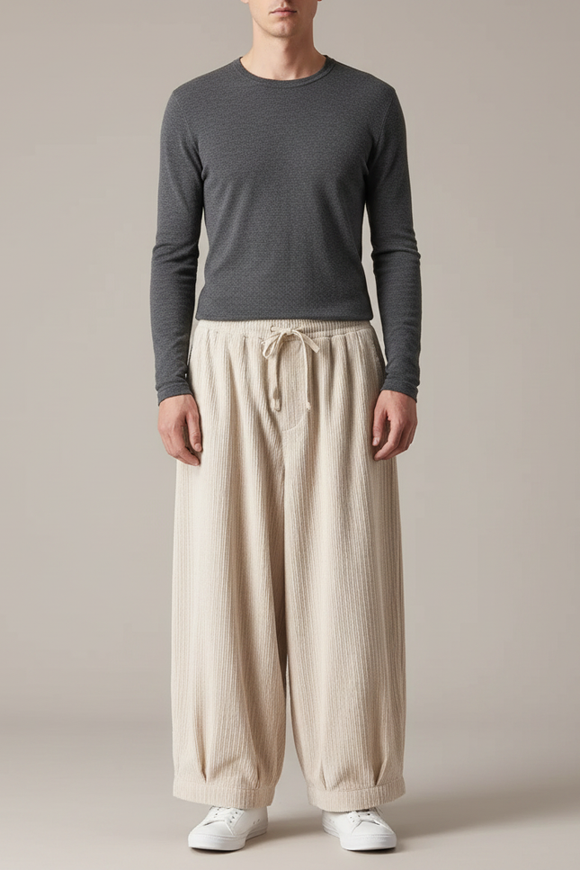 Pantalon Japonais Velours Côtelé - Beige Cordé