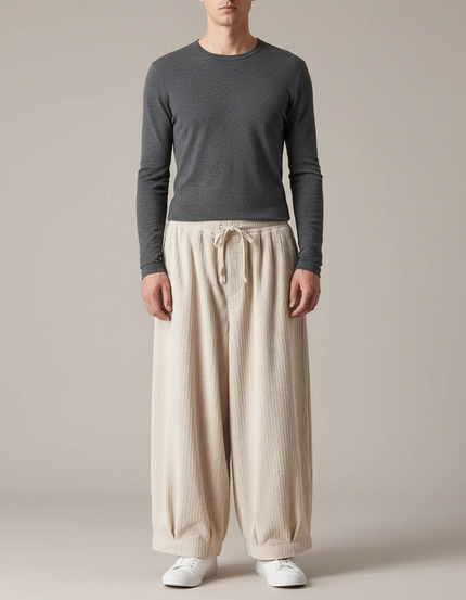 Pantalon Japonais Velours Côtelé - Beige Cordé