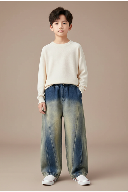 Pantalon Japonais Denim Délavé Ample Enfant Garçons - Multicolore Jean