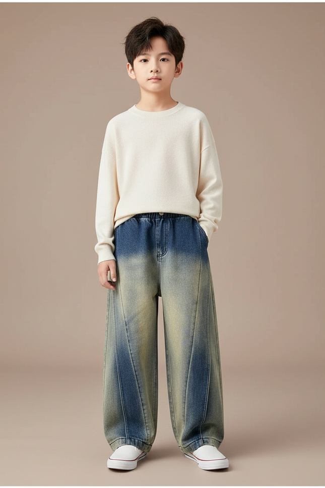 Pantalon Japonais Denim Délavé Ample Enfant Garçons - Multicolore Jean
