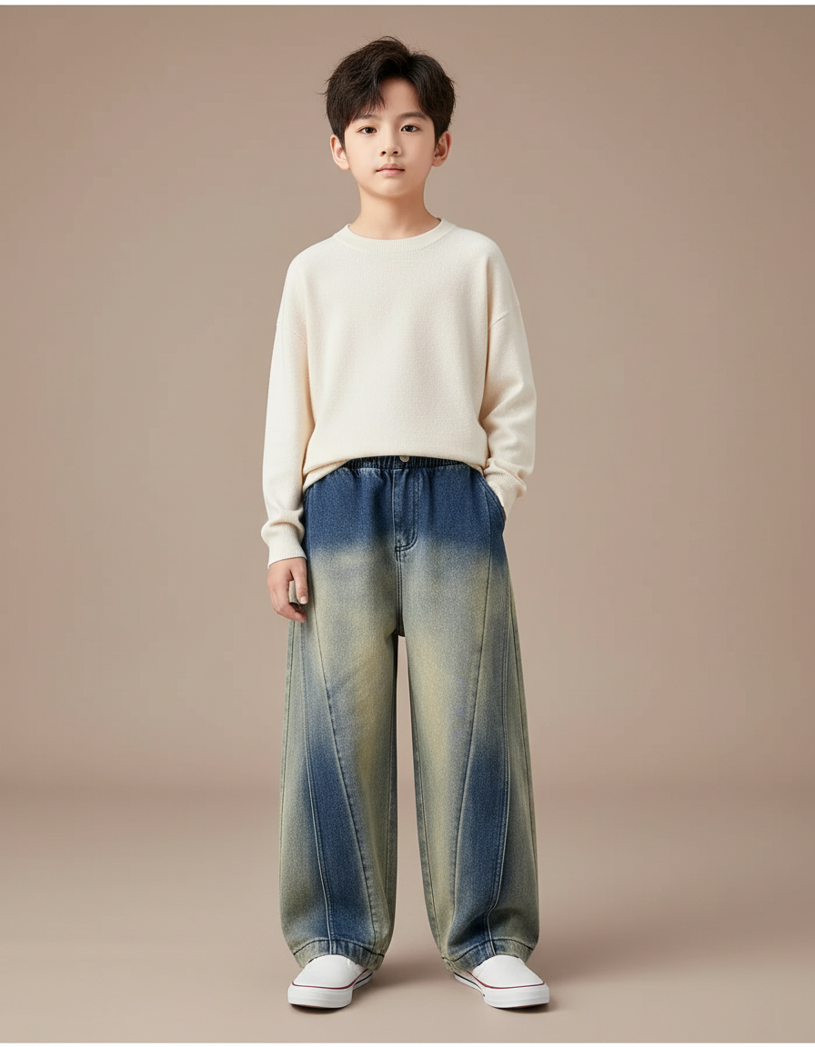 Pantalon Japonais Denim Délavé Ample Enfant Garçons - Multicolore Jean