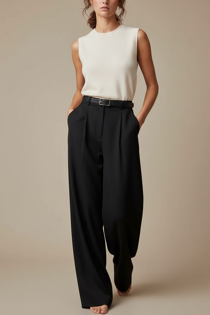 Pantalon Japonais Noir Plissé Taille Haute Fluide Femme - Polyester