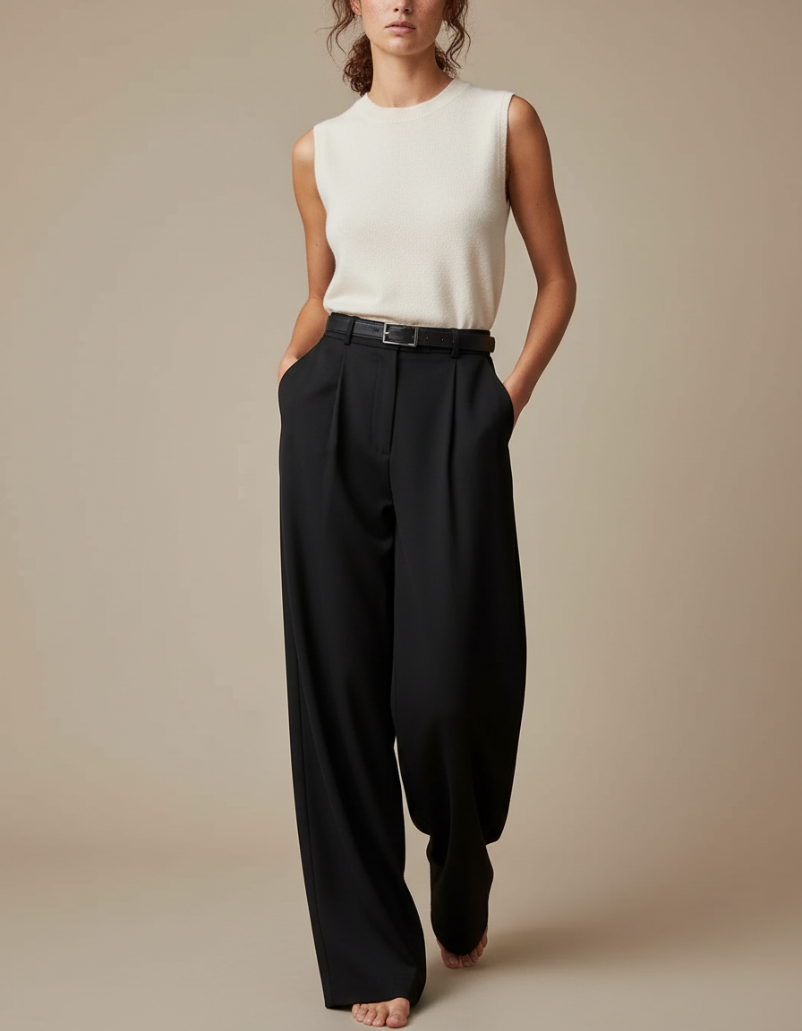 Pantalon Japonais Noir Plissé Taille Haute Fluide Femme - Polyester