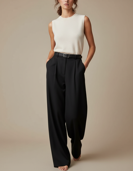 Pantalon Japonais Noir Plissé Taille Haute Fluide Femme - Polyester