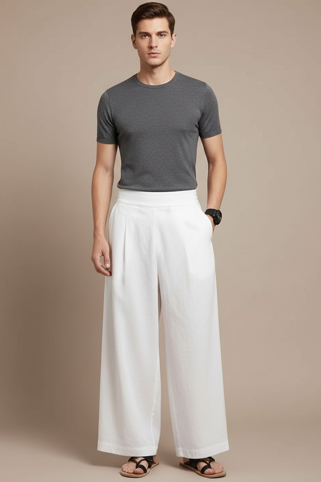 Pantalon Japonais Blanc Ample Plissé Décontracté Homme - Lin