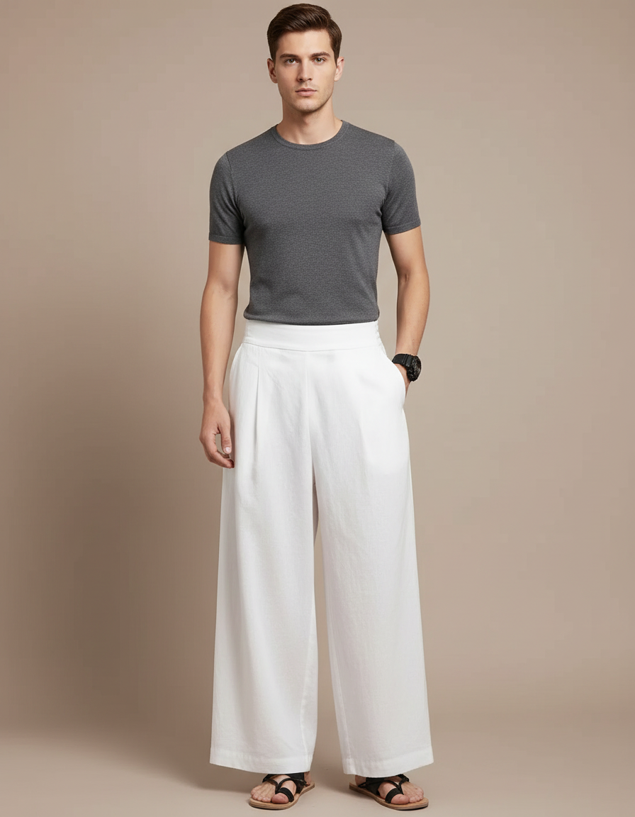 Pantalon Japonais Blanc Ample Plissé Décontracté Homme - Lin