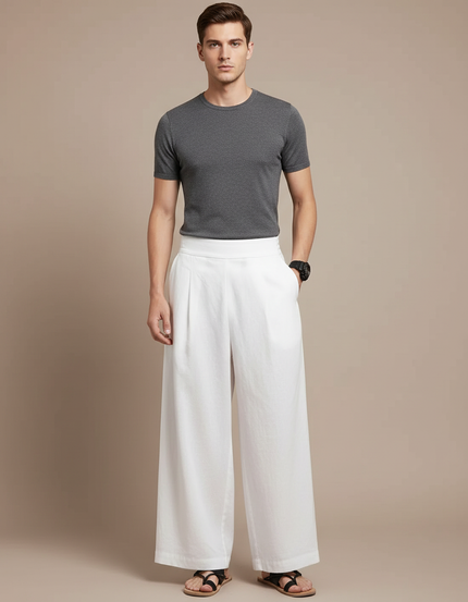 Pantalon Japonais Blanc Ample Plissé Décontracté Homme - Lin