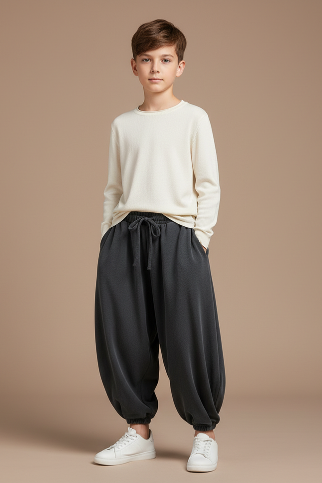 Pantalon Japonais Ample Unisexe Gris Décontracté - Molleton