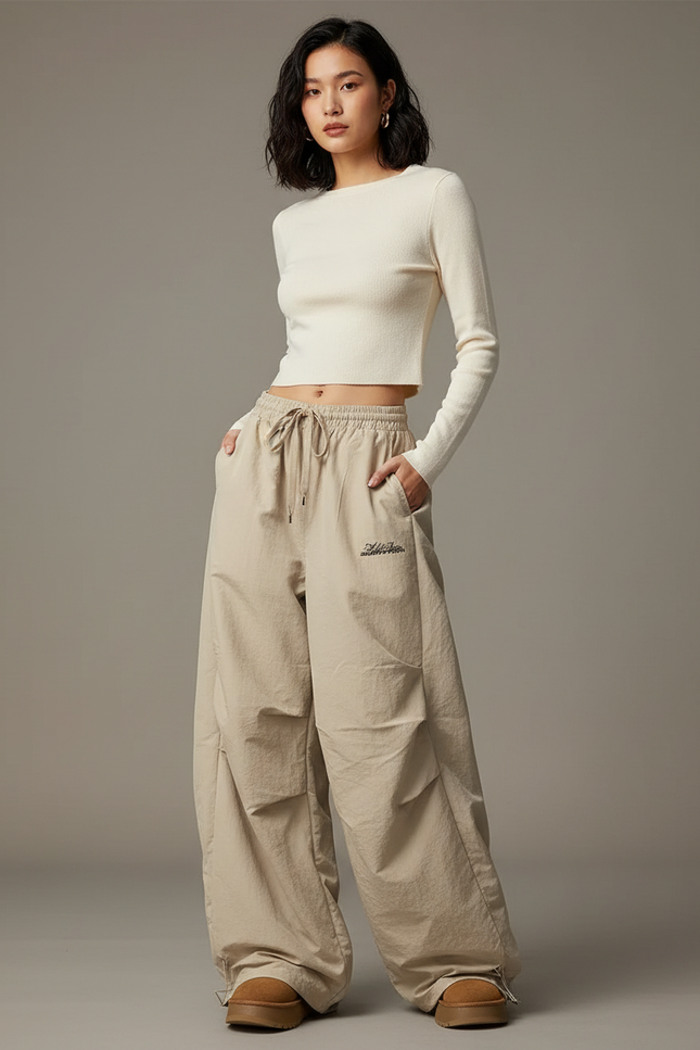 Pantalon Japonais Beige Ample Cargo Décontracté Femme - Polyester