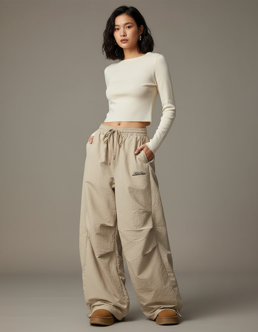 Pantalon Japonais Beige Ample Cargo Décontracté Femme - Polyester