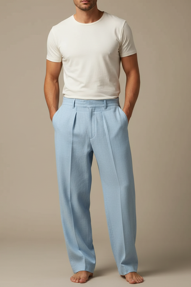 Pantalon Japonais Bleu Clair Ample Plissé Décontracté Homme - Lin