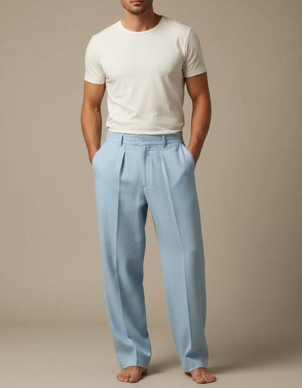 Pantalon Japonais Bleu Clair Ample Plissé Décontracté Homme - Lin