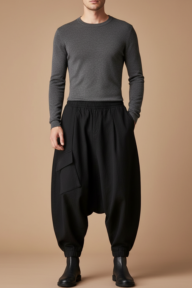 Pantalon Japonais Noir Ample Harem Cargo Homme - Polyester