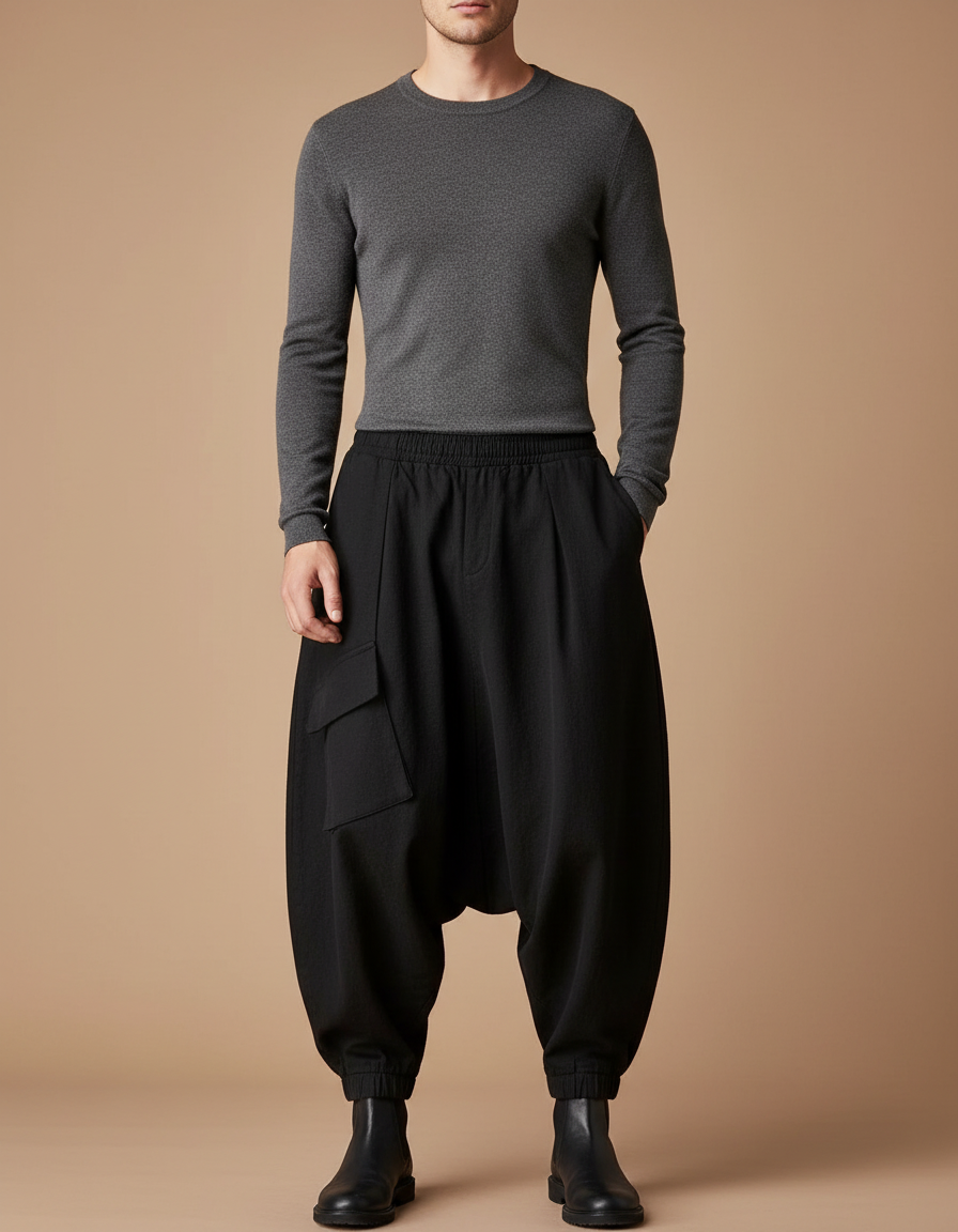 Pantalon Japonais Noir Ample Harem Cargo Homme - Polyester