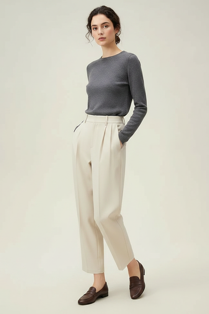 Pantalon Japonais Beige Plissé Ample Confortable - Gabardine